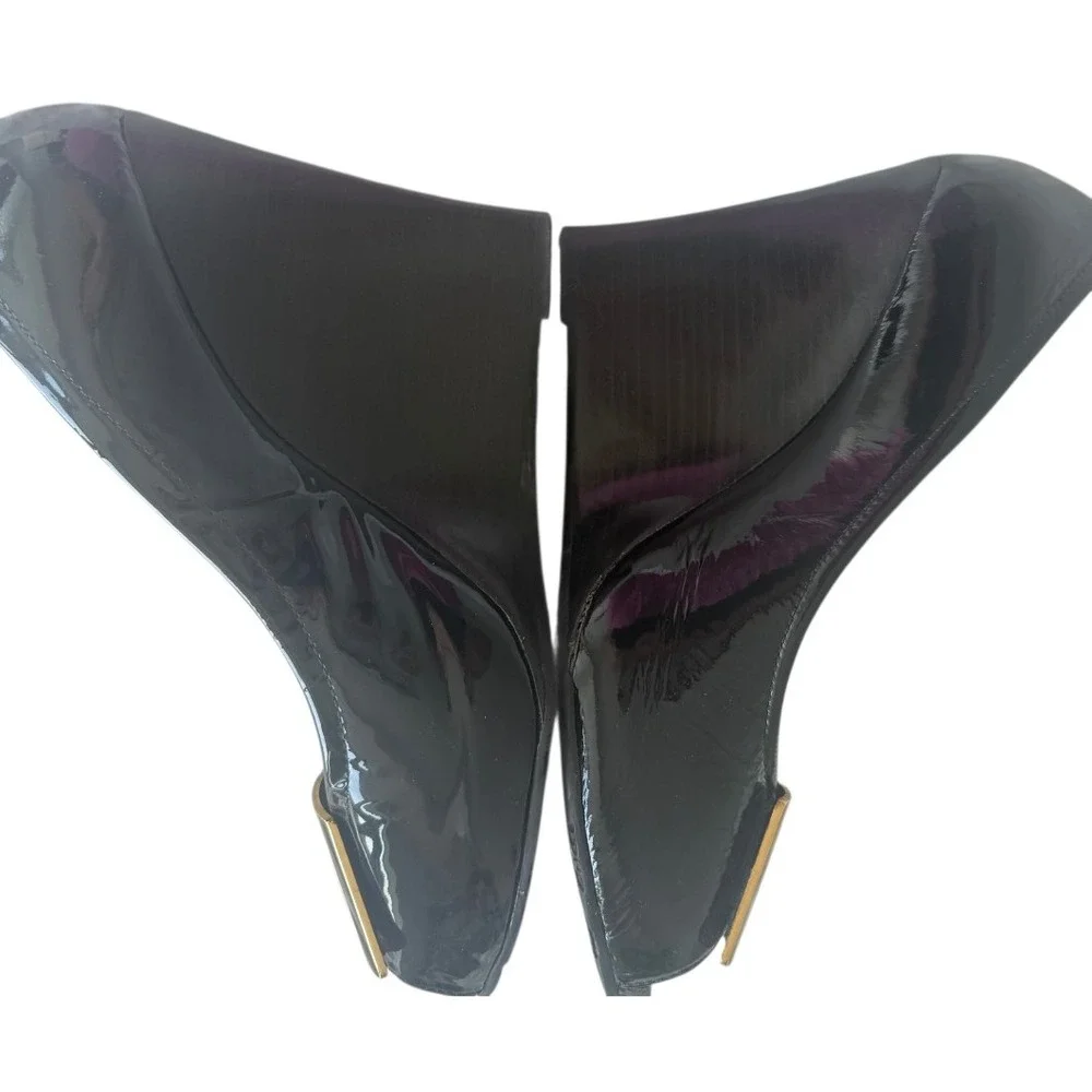 VTG Tory Burch Black Patent Leather Peep Toe Wedge Platform Pumps Women's 10M